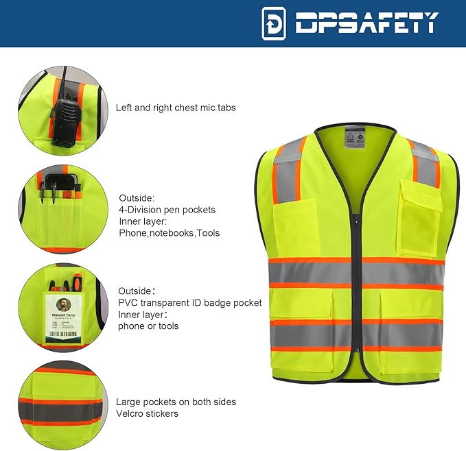 High visibility Class 2 Safety Vest，Hi Vis Vest with 2 inch wide Reflective Strips，Construction vest for men