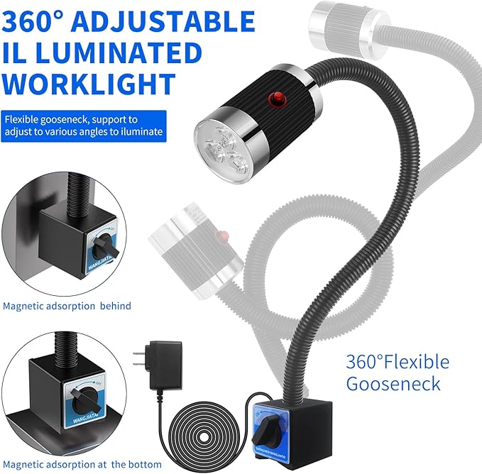 Magnetic Work Light, LED Work Light with Flexible Gooseneck and Magnetic Base, Shop Tool Lamp for Lathe, Work Bench, Sewing Machine,Grill,Industrial Lighting,10W,900Lumens,Black