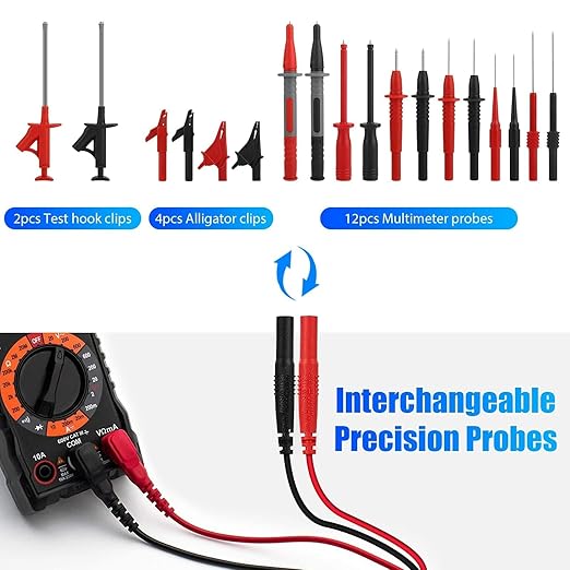 Linkstyle 25PCS Multimeter Test Leads Kit with Replaceable Wire Piercing Probes, Alligator Clips, Test Hook Clips, Tweezer for Digital Electrical Multimeter Testing