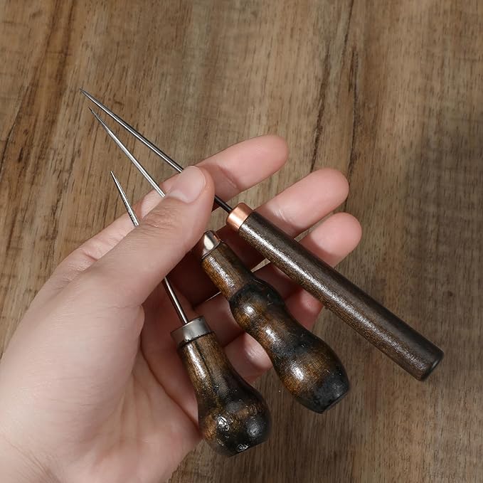 Ptwola 3 Pcs Scratch Awl Tool Gourd Shape Handle Leather Awl Punch Tool Wooden Punch Hole Craft Maker Tool Repair Shoes Sewing Stitching Supplies for Tailors Crochet DIY Cloth Stitch Bookbinding