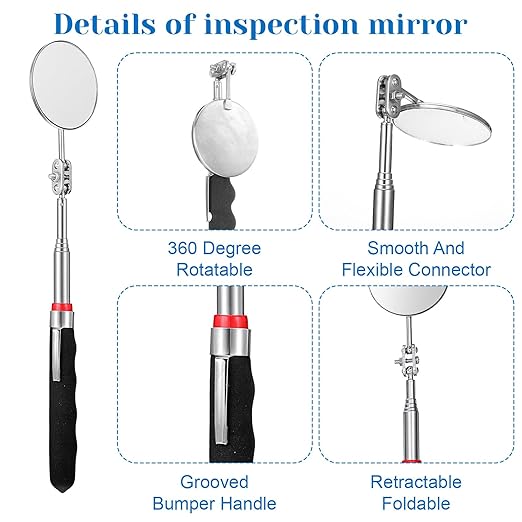 Telescoping Inspection Mirror 360 Rotation Inspection Mirrors Circular Extendable Mirror with Extended Handle Checking Observation Tool for Technicians Mechanics Inspectors