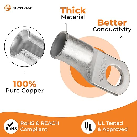 SELTERM 2pcs 3/0 AWG 1/2" Stud Tinned Copper Wire Lugs, Ring Terminals, Battery Cable Ends, 000 Gauge Ring Terminal Connectors, UL Marine Grade Electrical Terminal Connectors