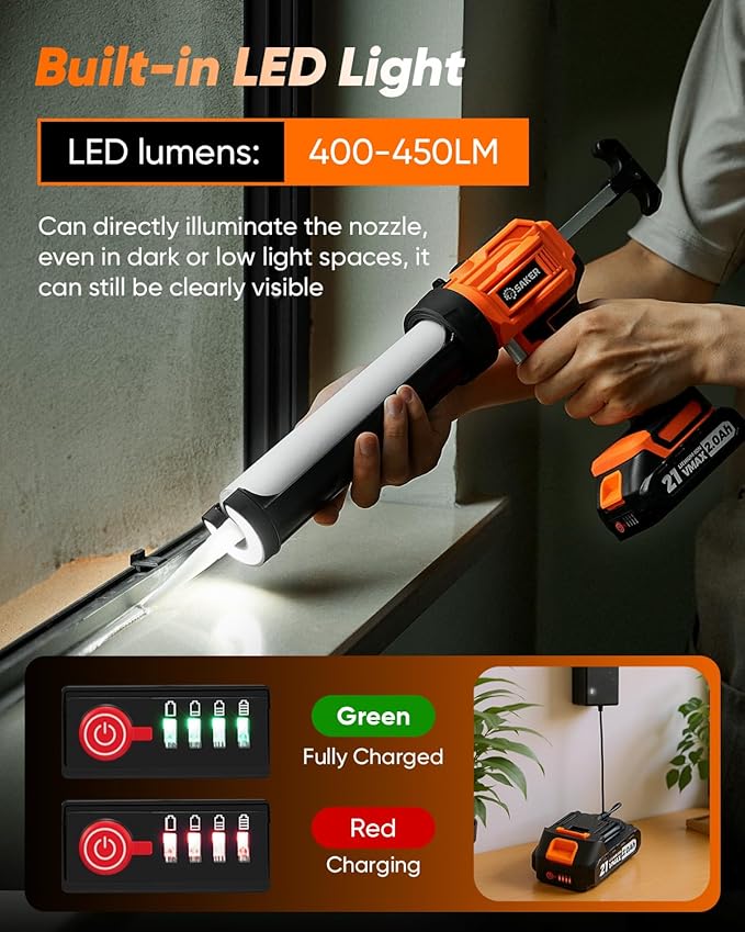 Saker Electric Caulking Gun Cordless Caulk Gun Drip-free with Silicone Caulking Tools 4 Adjustable Speeds with LED Light for Filling, Sealing 1 Batteries