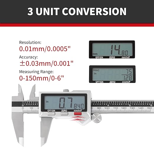 6 Inch/ 150mm IP54 Grade Stainless Steel Digital Caliper & Stainless Steel Rule, Inch/Millimeter/Fraction Conversion, IP 54 Splash Proof Protection Design, Large LCD Screen