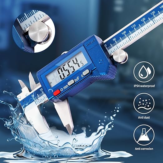 Dasqua 6” IP54 Digital Caliper, Stainless Steel Water-Resistant Precision Measuring Tool with Large LCD, Inch/Metric/Fraction Switch, ±0.001” Accuracy, Calibration Certificate & Storage Case