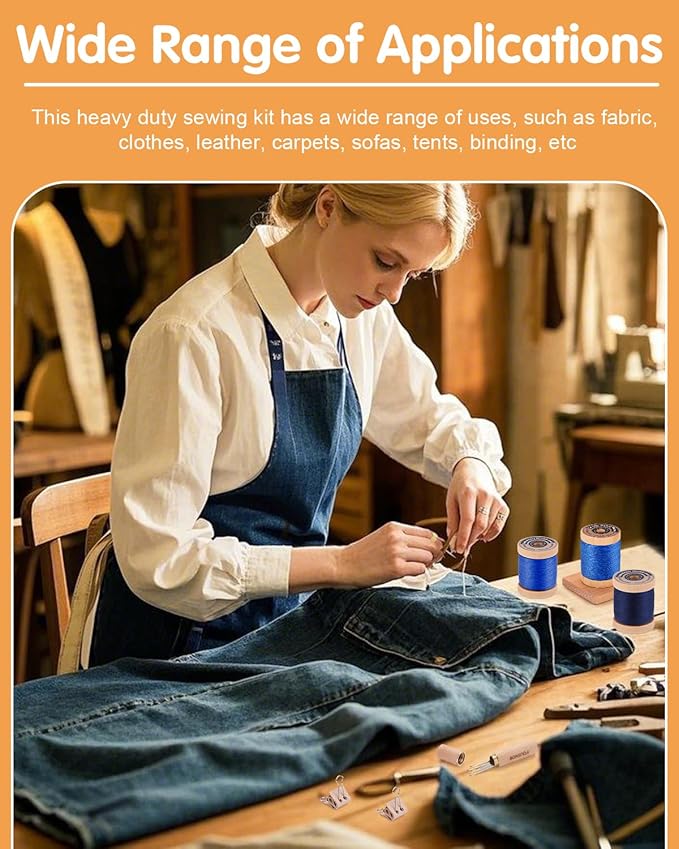 FOUSNOW Upholstery Repair Kit, Sewing Kit with Blue Sewing Threads, Professional Heavy Duty Sewing Kit for Home Repair Sewing Denim Clothes, Denim Bags, Jacket, Shoes, Wallets Crafts