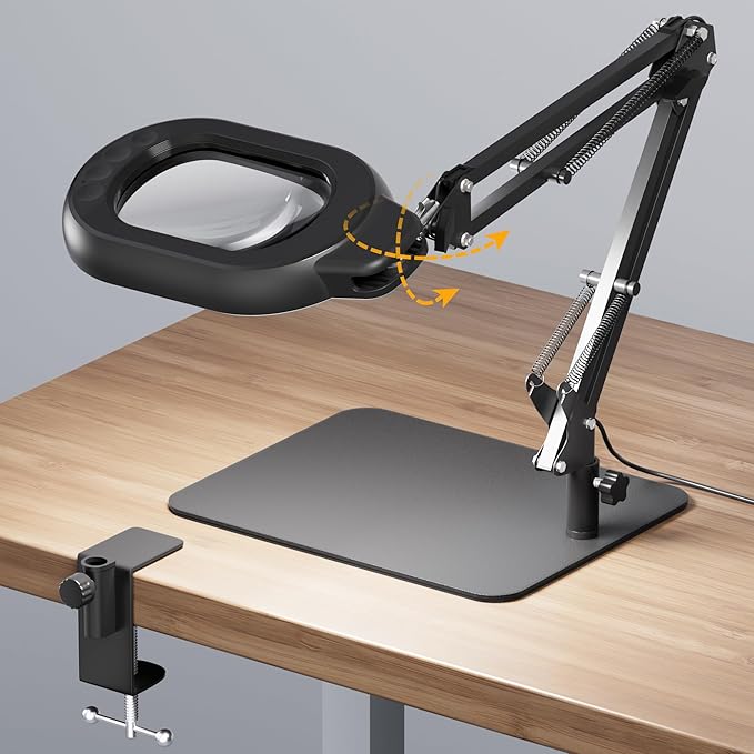 Magnifying Desk Lamp, 10X Square Magnifying Glass with Light and Stand, Dimmable LED Magnifier Lamp with Clamp and Base, Adjustable Swing Arm Light for Close Work, Reading, Crafting, Black