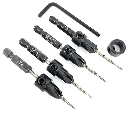 FTG USA Countersink Drill Bit Set 4 Pc #4 (7/64") Wood Bit, Tapered Bit, Stop Collar, Hex Wrench for Woodworking