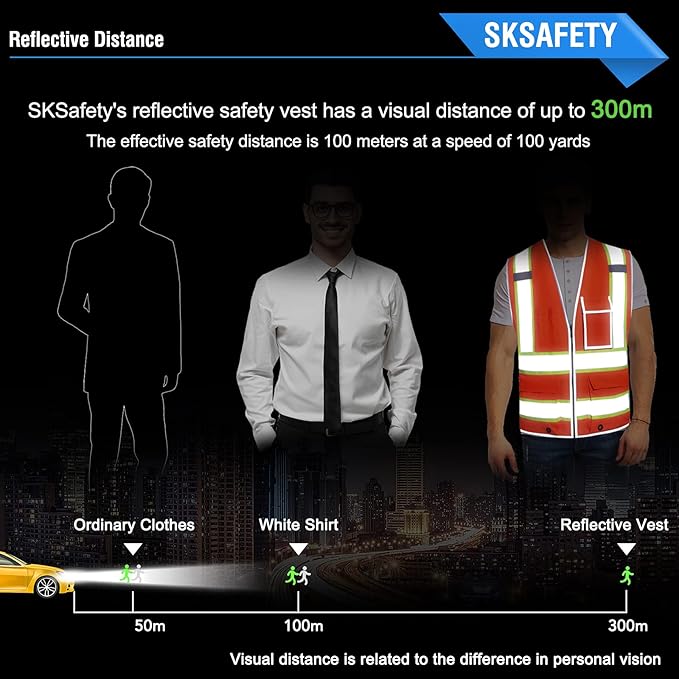 SKSAFETY 10 Pockets Safety Vest, Class 2 High Visibility Security with Zipper, Hi Vis Vest with Reflective Strips, ANSI/ISEA Standard, Construction Work Vest for Men ＆ Women （Orange, 5XL）