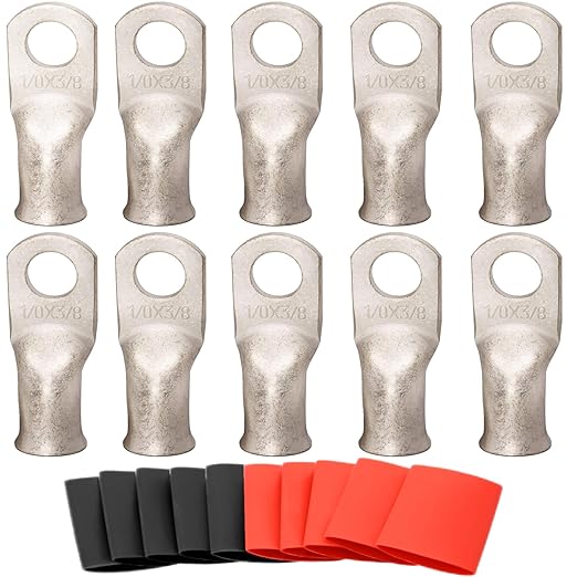 SVAAR 10pcs 1/0 AWG - 3/8'' Tinned Copper Cable Lugs Wire Lugs UL Listed 0 Gauge Ring Terminals Battery Cable Ends Heavy Duty Closed End Crimp Connectors with 10pcs 3:1 Heat Shrink Tubings