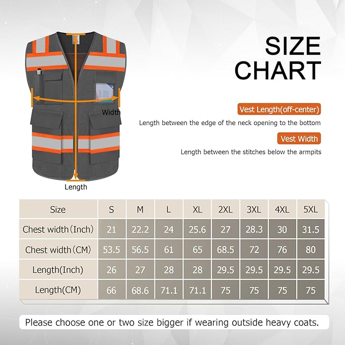 TCCFCCT Safety Vest for Men Women 5 Pockets Mesh High Visibility Reflective Vest with Reinforced Zipper, Durable Construction Work Vest with Fluorescent Orange Edge, Meets ANSI/ISEA, DW-Grey, 5XL
