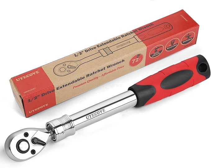 1/2 Inch Drive Extendable Ratchet, Durable Socket Wrench with Long Handle 72-Tooth Quick-Release Reversible, Soft Grip Handle Hand Tool (Red)