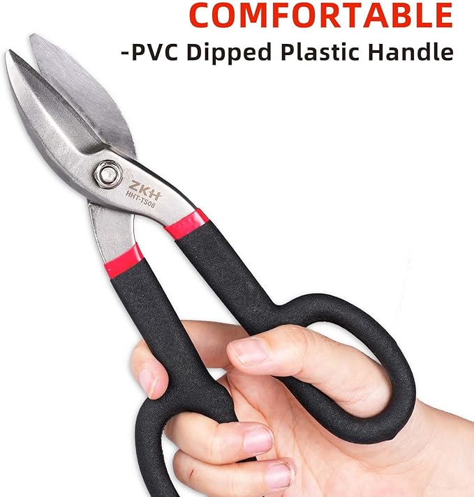 ZKH 10 Inch Tin Snips, Alloy Steel Forged Heavy Duty Metal Shears with Comfortable Two-Color PVC Dipped Plastic Handle, Metal Snips for Cutting Sheet Metal