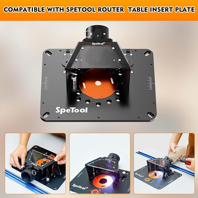SpeTool Router Table Plate Dust Hood Collector with 2.5" OD Port for Collection Hose, Transparent Acrylic Window with LED Light Clear Visibility, Drill-Holes for DIY Compatible with Insert Plate