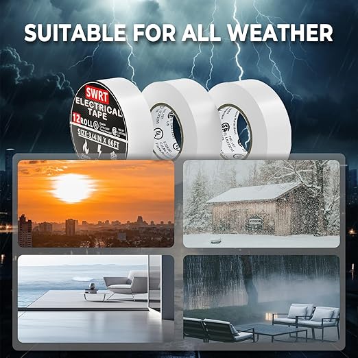 SWRT 12 Pack UL/CSA Listed White Electrical Tape 7 mils -600V, 0.75 in x 66 FT White Electric Tape Flame Retardant, Strong Adhesive, for Home DIY Electrical Repairs Professional Installations