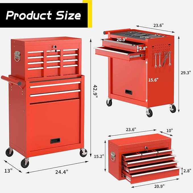 On Shine Rolling Tool Chest - 8 Drawer Large Capacity Metal Tool Box with Wheels, Locking Mechanisms; ideal for Garage, Workshop (Red)