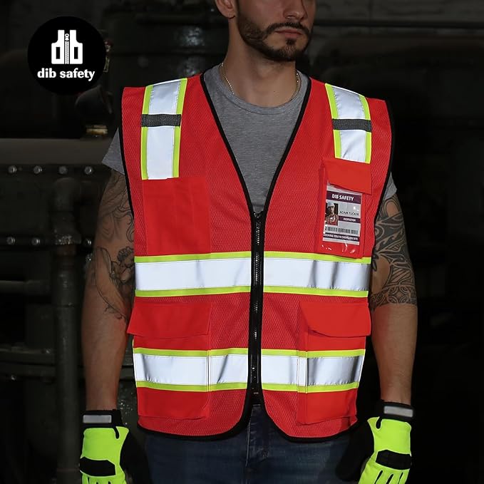 Dib Safety Reflective Mesh Vest High Visibility Two Tone with Pockets and Zipper, Red Mesh with Yellow Trim L