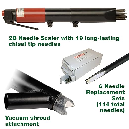 CS Unitec | 2B Needle Scaler with Vacuum Shroud Basic Kit | 19 Needle Air Chisel | 6 Sets | Professional Grade Inline Grip | Air Power 5.5 CFM - 121.2099 VS Basic Kit