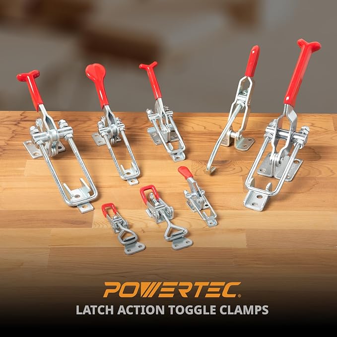 POWERTEC 4PK Toggle Clamp Set, 375 lbs & 700 lbs Holding Capacity, J Hook and Self-Lock U-Bolt Adjustable Latch for Smoker, Tool Box, Woodworking Jigs and Fixtures, Cabinet, Lids, Door, Truck (20345)