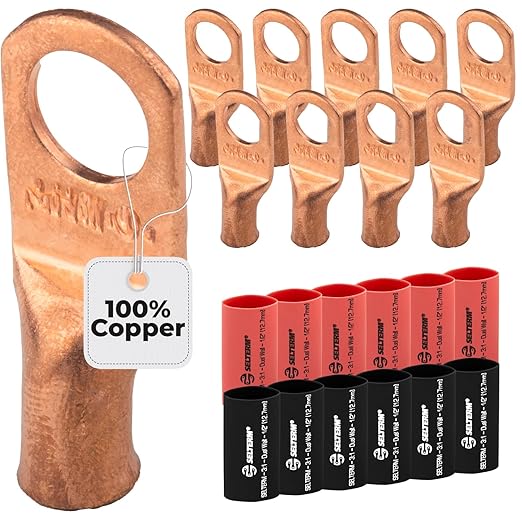 SELTERM 10pcs - 6 Awg - 3/8" Stud - Battery Lugs - Ring Terminal Connectors | with 12pcs 3:1 Black & Red Heat Shrink Tubing with Adhesive | Heavy Duty Battery Cable Ends - Bare Copper Wire Lugs Kit
