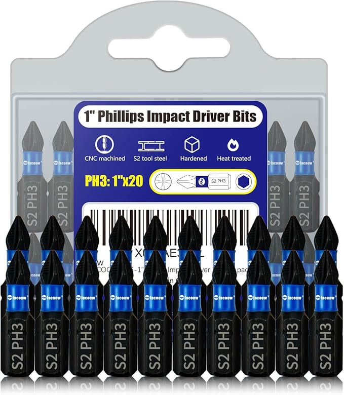 20 Pack Phillips Impact Driver Bits, #3 Phillips Head Magnetic Screwdriver Bits Set, 1 Inch S2 Alloy Steel Impact Bits, 1/4" Hex Shank Screwdriver Drill Bit, CNC Machined ph3 Impact Drill Bits