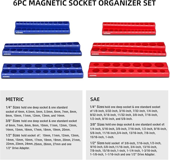 Socket Organizer Magnetic Socket Tray,NOEAIKE 6-Pack SAE & Metric 1/2,3/8,1/4 Inch Drive Socket Holder,Holds 141 Standard/Deep Sockets,Blue and Red Magnetic Socket Organizers(Sockets Not Included)
