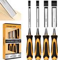 4-Piece Wood Chisel Set, Carbon Steel Blades with Ergonomic Handle, 3/8" 1/2" 3/4" 1" for Woodworking, Durable Metal Strike Cap (5-inch Handle for Comfortable Grip)