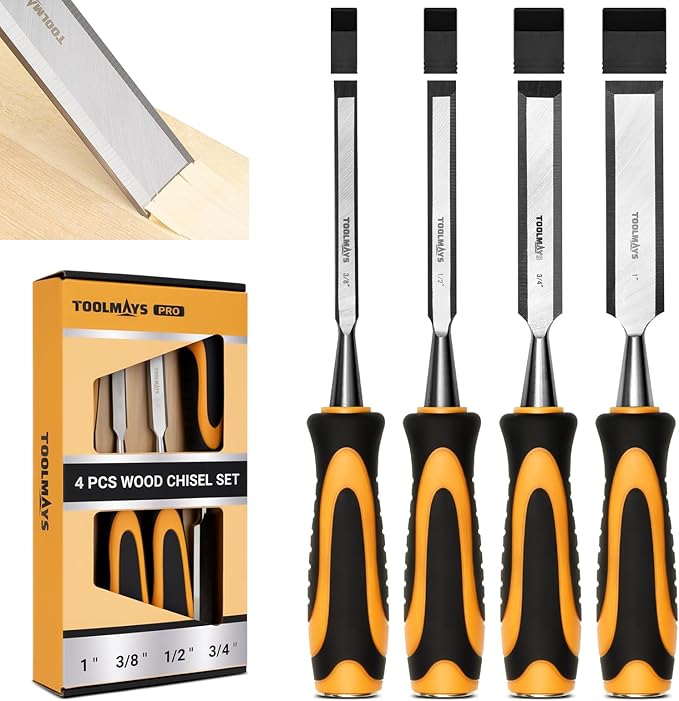 4-Piece Wood Chisel Set, Carbon Steel Blades with Ergonomic Handle, 3/8" 1/2" 3/4" 1" for Woodworking, Durable Metal Strike Cap (5-inch Handle for Comfortable Grip)