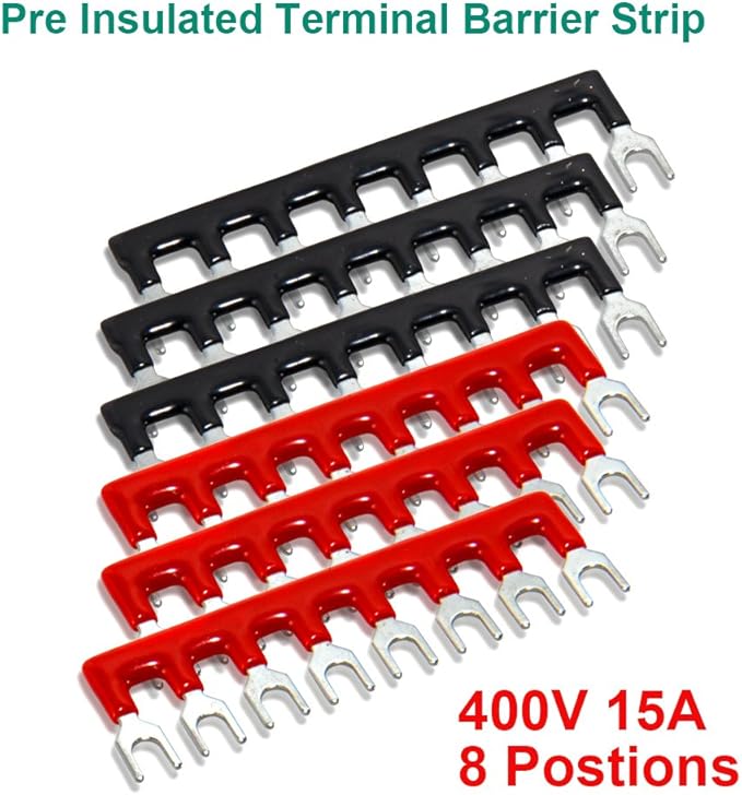 MILAPEAK Terminal Block and Strip - 12pcs (6 Sets) 8 Positions Dual Row 600V 15A Screw Terminal Strip Blocks with Cover + 400V 15A 8 Positions Pre-Insulated Terminals Barrier Strip (Black & Red)