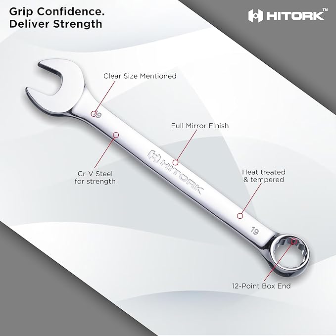 HITORK 19 Piece Metric Combination Wrench Set (6–24mm) Cr-V Steel Mirror Chrome Finish 12-Point Box End, 15° Offset, Roll-Up Pouch – Durable Open End Wrench Set for Home, Garage & Auto Repair