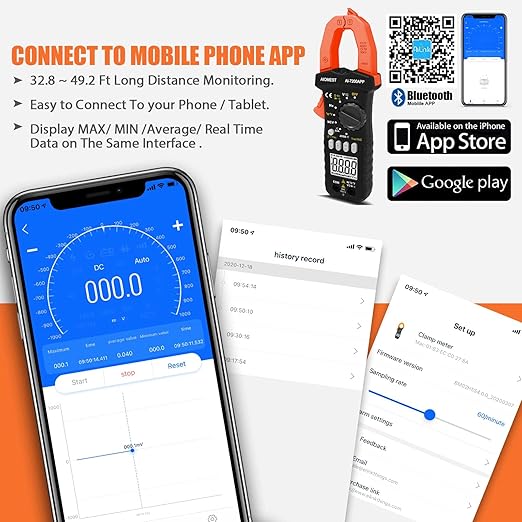 AIOMEST Bluetooth Digital Multimeter, AI-7200APP TRMS 6000 Counts Clamp-on Meter for AC DC Current Voltage Resistance Capacitance Hz Temp Diode Continuity Buzzer with Lamp NCV