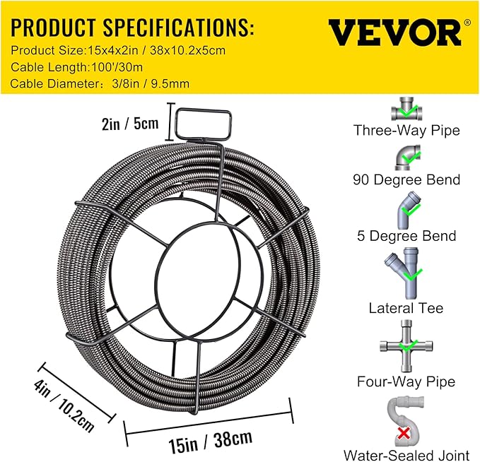 VEVOR Drain Cleaning Cable 100 FT x 3/8 Inch, Solid Core Steel Sewer Cable with 4 Cutter for 2" to 4" Pipes, Sewer Auger Cleaner Cable for Sink, Floor Drain, Toilet