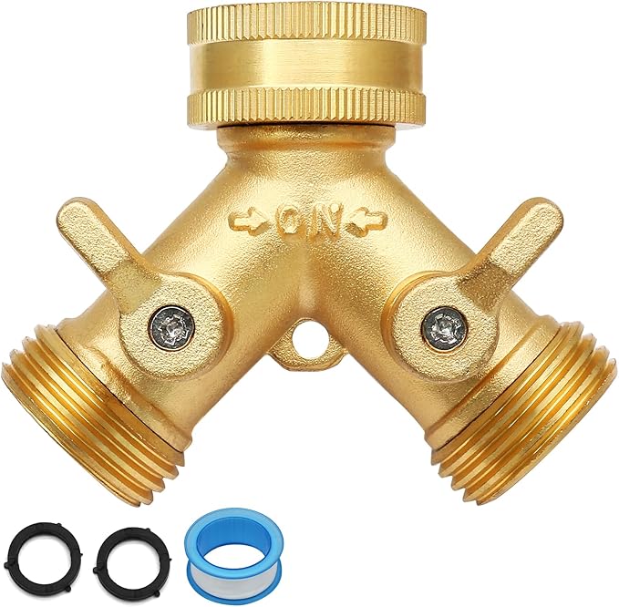 Biaungdo 2 Way Connector Garden Hose Splitter, 3/4 Garden Hose Y Splitter, Solid Brass Hose Adapter Y Valve Spigot Faucet Adapter with Faucet Watering Shut Off Valves