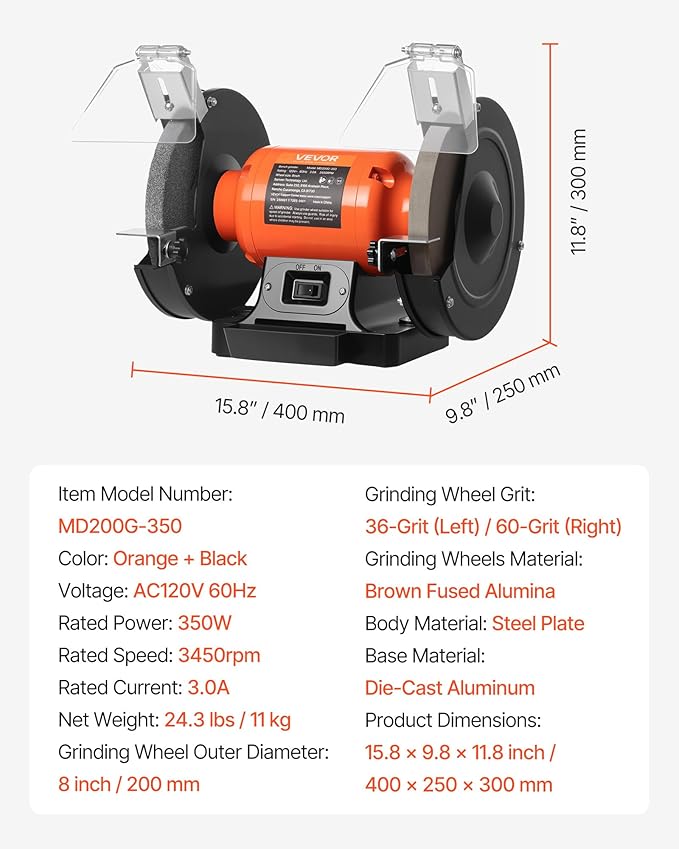 VEVOR Bench Grinder, 8-inch Single Speed Bench Grinder, 3450RPM High-Speed Table Grinders with 350W 3.0A Induction Motor, 36/60-Grit Grinding Wheel & Adjustable Eye Shield for Fast Sharpening Grinding