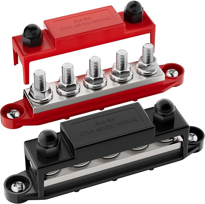 275A Power Distribution Block 12V Bus Bar 5 x 3/8" (M10) Terminal Studs 12 Volt Marine Busbar Positive and Ground for Automotive Car Boat Solar System