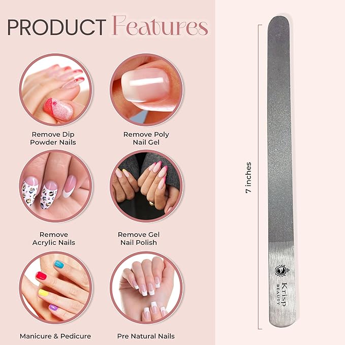 Stainless Steel Diamond Deb Nail File Manicure Pedicure Metal 7" inch, Toenail Fingernail Files for Women Double Sided Dust Coating Suitable for Natural or Acrylic Nails (Pack of 2) by Krisp Beauty
