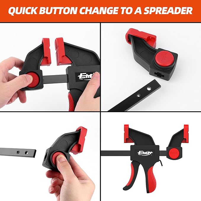 6" Bar Clamps for Woodworking, 4-Piece One-Handed Clamp/Spreader, Light-Duty Quick-Change F Clamp with 170 lbs Load Limit