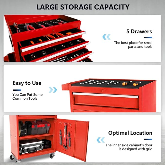 Rolling Tool Chest - 5 Drawers Tool Box Organizer with Lockable Wheels, Sliding Drawers, Detachable Top Tool Box - Tool Storage Cabinet for Garage Workshop, Red