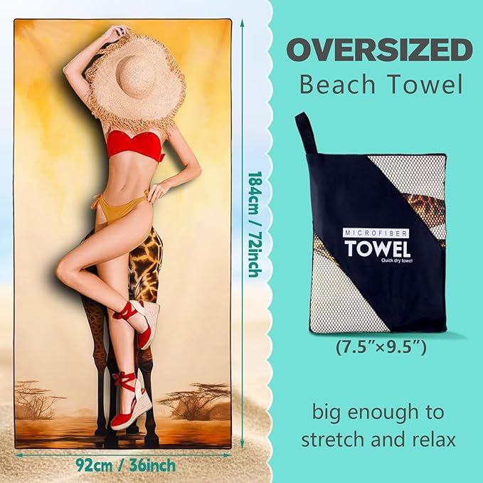 Brown Giraffe Beach Towel Oversized 36" x 72", Thin Lightweight Sand Free Quick Dry Microfiber Towel for Swimming Pool Cruise Camping Travel