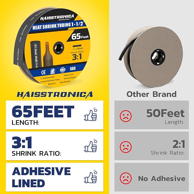 haisstronica 3:1 Heat Shrink Tubing, Shrink Ratio Adhesive Lined Marine Grade Heat Shrink Tube for Home, Automotive and Industrial (Black) 65FT 1-1/2inch