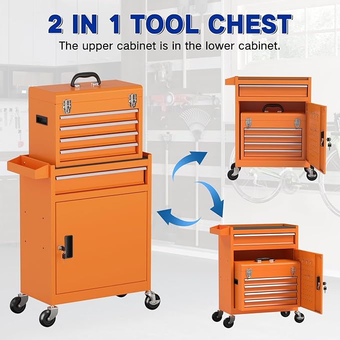 5 Drawer Tools Chest, Tool Cabinet with Universal Lockable Wheels，Tool Box with Detachable Top Box for Workshop(Orange)
