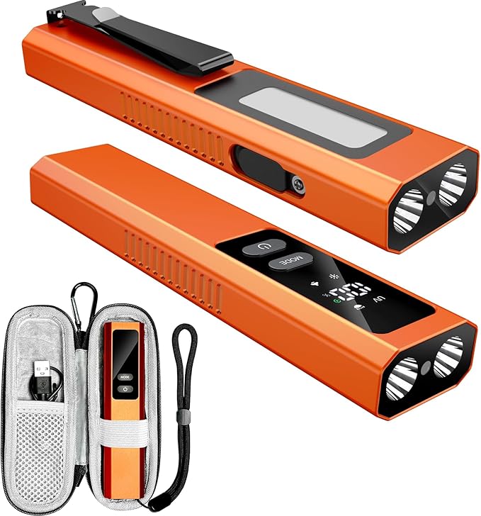 5-in-1 Rechargeable EDC Flat Flashlight, High Lumens Pocket Torch with White LED, Green, UV, Magnetic Base & Clip, Compact Flat Flashlight for Camping, Emergency, Work with Bag (Orange)