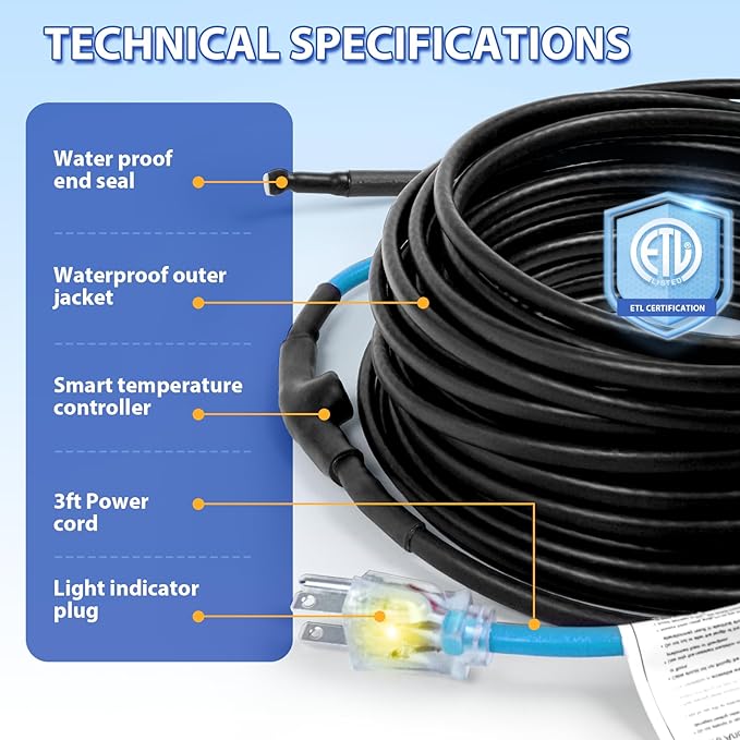 120V 15FT Self-Regulating Pre-assembled Water Pipe Heat Cable for Pipe Freeze Protection, Energy-Saving Pipe Heating Cable Keeps Water Flowing at -40°F