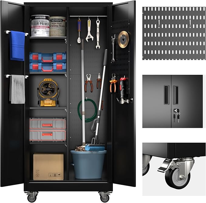 Garage Storage Cabinet with Wheels and Pegboard, Metal Tool Storage Cabinet with Hanging Rod and Hooks for Garage, Bathroom,Need to Assemble,(Black)
