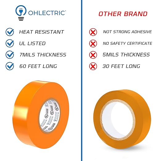 OHLECTRIC Professional Grade Vinyl Electrical Tape (10 Pack) Orange - 7 Mil Thick Flame-Retardant, Heat & Weather Resistant 3/4 Inch x 60 Feet | Ideal for Contractors & Electricians