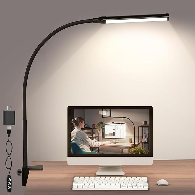 ShineTech LED Desk lamp with Clamp, 4000K Natural White 11 Brightness Level Eye-Caring Clip Lights for Home Office, Flexible Gooseneck USB Adapter, Black