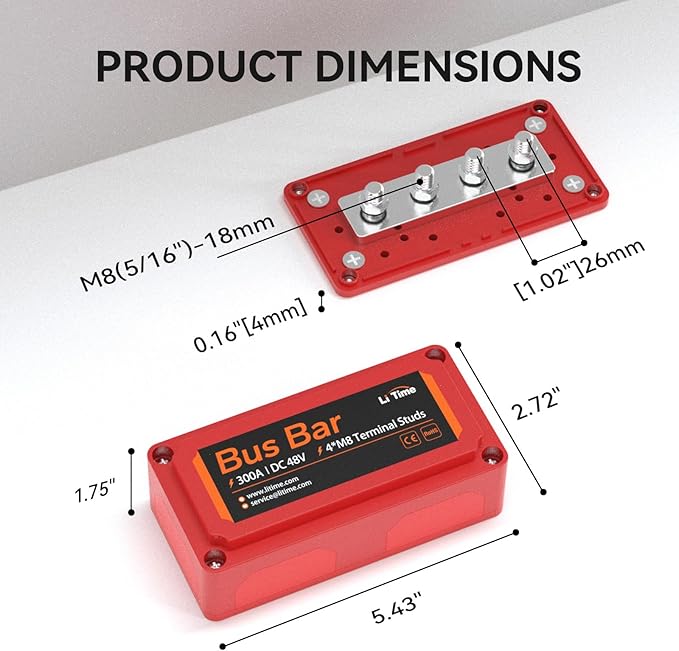 Litime 300A Bus Bar 4*M8 Terminal Posts for LiFePO4 Batteries High Voltage and Current Suitable for Automotive, Marine, and Solar Applications and Electrical System (Red+Black)