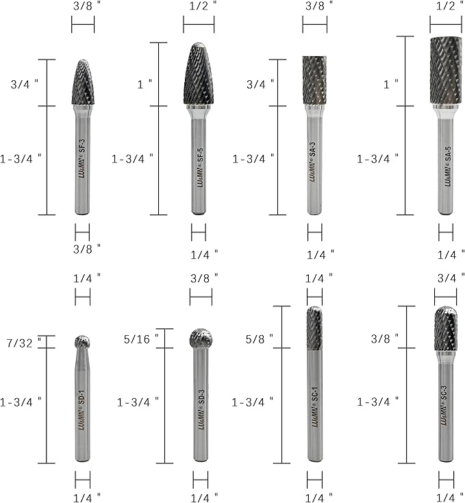 Carbide Burrs Set 8pcs with 1/4" Shank Double Cut Solid Carbide Rotary Burr Set for Die Grinder Drill,Metal Carving, Polishing,Engraving,Drilling