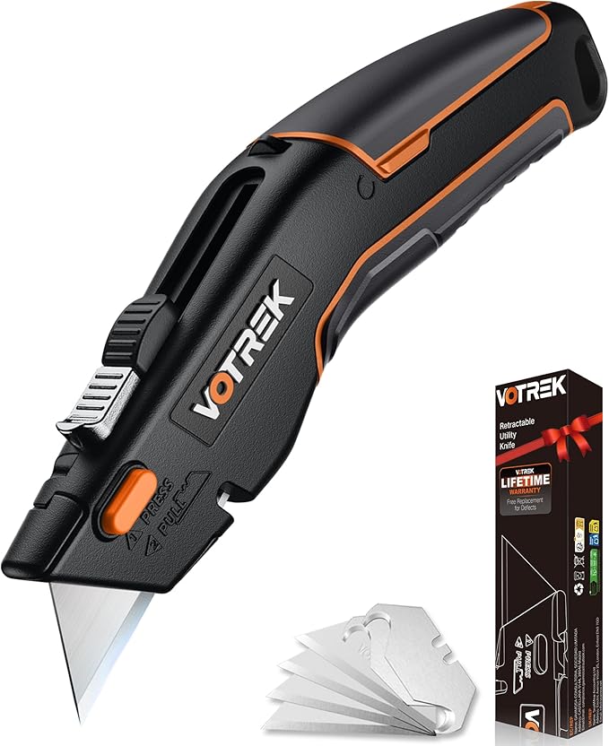 Box Cutter Utility Knife, [2-in-1] Retractable Box Cutter, Safety Heavy Duty Sharp Razor Knife for Home & Warehouse Cardboard, Carpet, Blade Storage, with Extra Razor & Hook Blades (Orange)