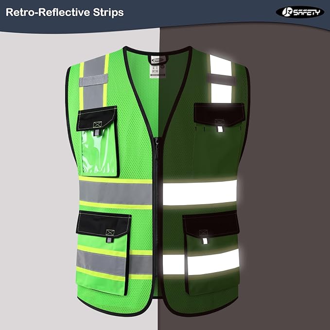 JKSafety Hi Vis Reflective Safety Vests for Men Women High Visibility Vest with Pockets Mesh Fabric Construction Safety Apparel Neon Vest for Work (220-Green M)